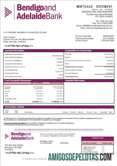 Declaração de hipoteca do banco Austrália Bendigo e Adelaide Bank modelo